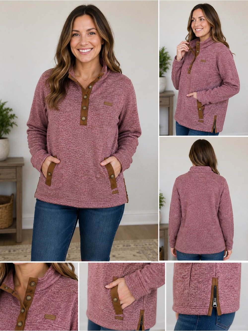 Simply Southern Mauve Herringbone Pullover Button Neck Fleece Jacket